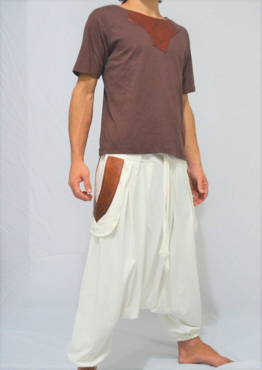 Om Pants - White with Leather Pocket